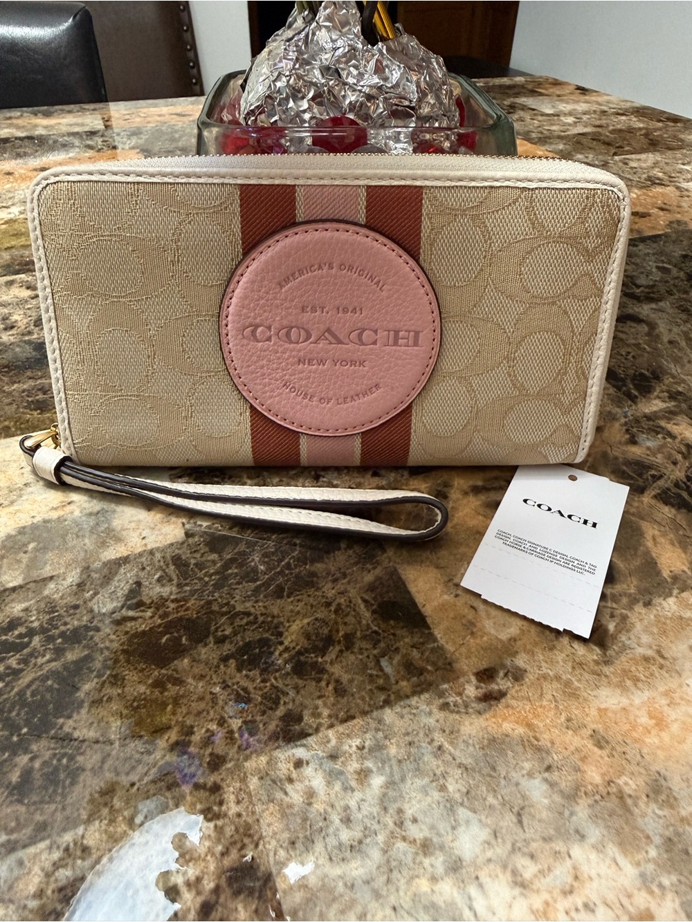 COACH Beige Canvas Wristlet with Pink and Brown Stripe